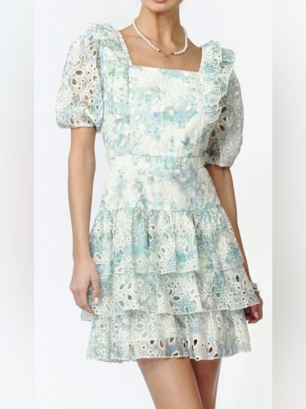 Adelyn Rae Eyelet Lace Tiered Mini Dress Puff Sleeve Cottagecore
